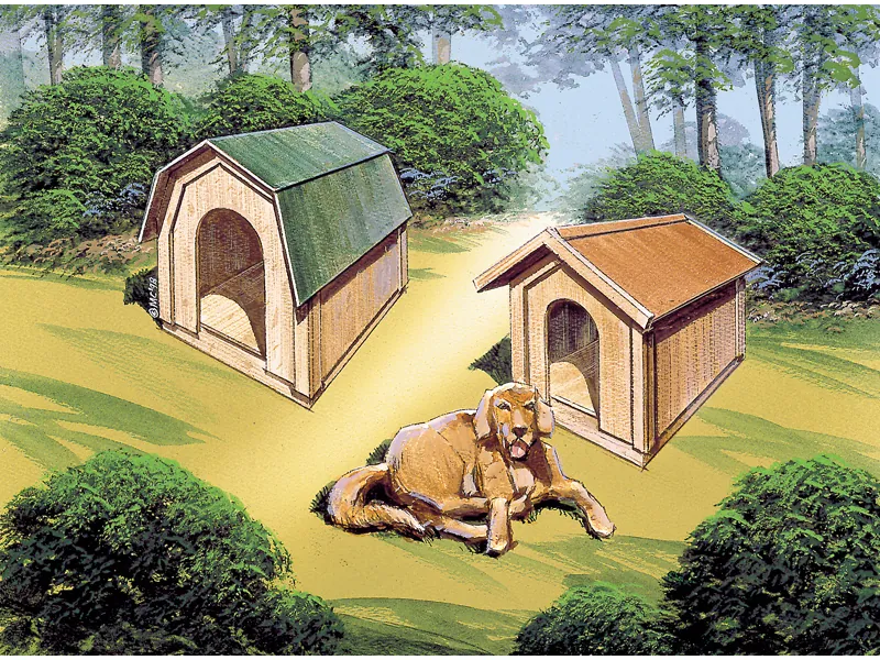 Two styles of dog houses, one with barn style roof and the other with traditional gable roof