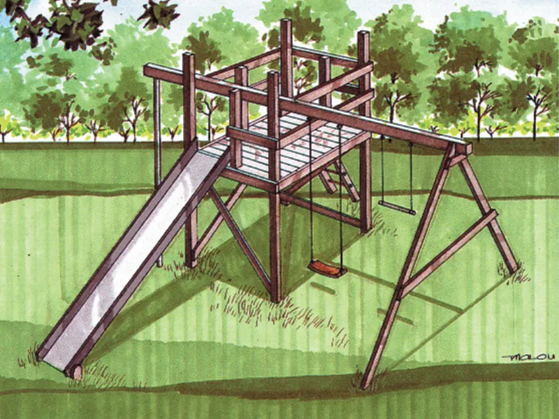 Wood jungle gym swing set with long slide and swing