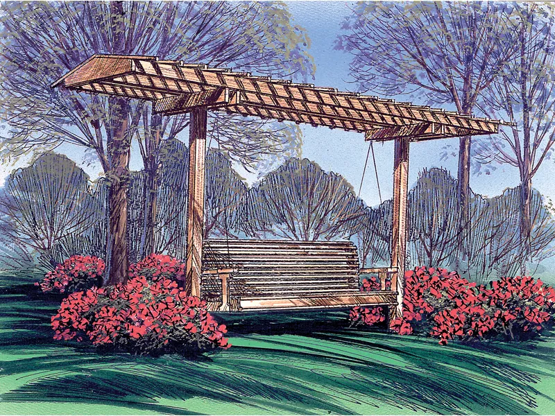 Wood covered swing shaded by top design
