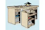 Work bench with wheeled cart is a handy addition to the garage os a workshop space