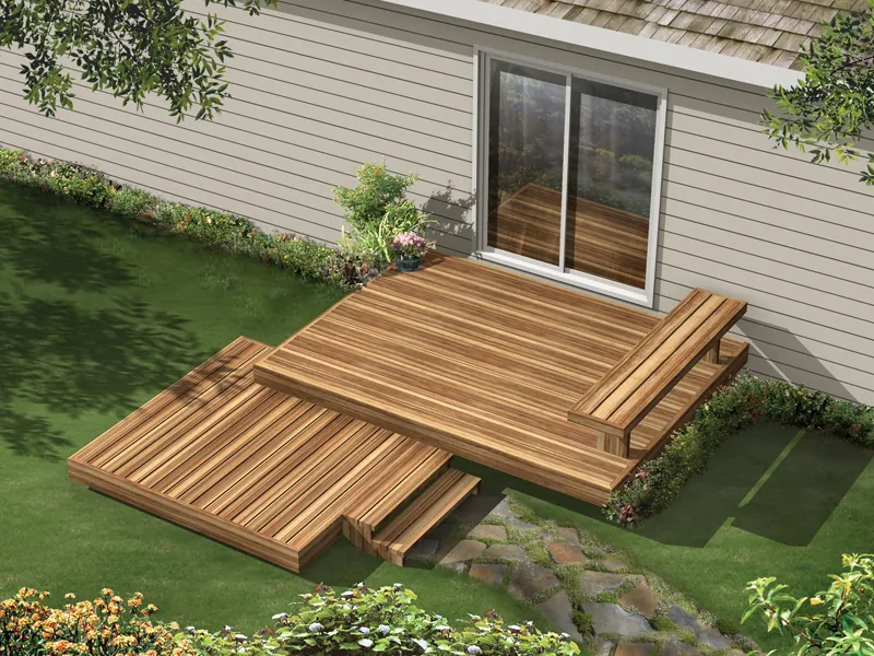 Two-level deck is all wood and includes a built-in bench