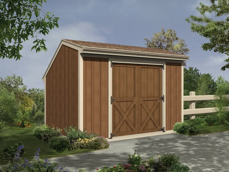 Salt box style storage shed with double front doors