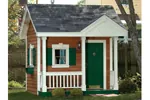 Charming children's playhouse with covered front porch and side flower boxes on the windows
