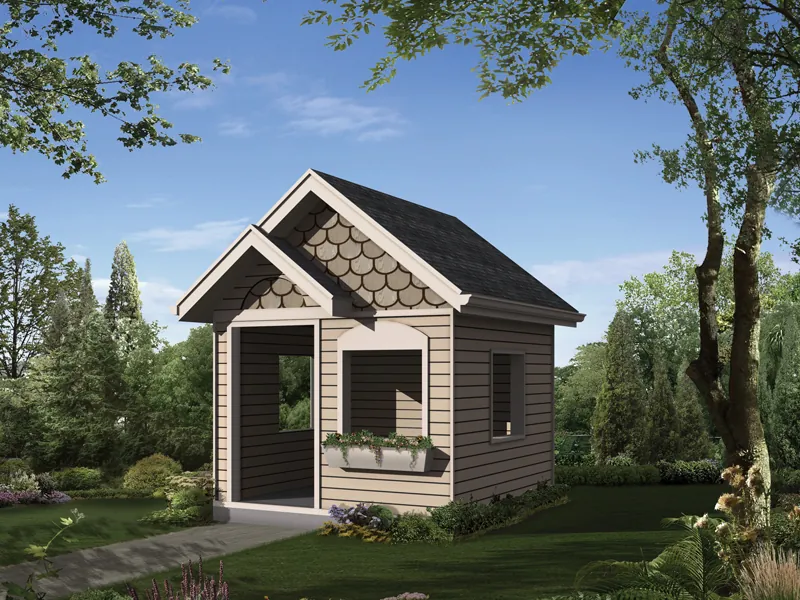 This children's playhouse has multiple windows and a planter box on the front for added charm