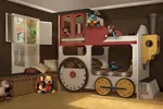 Adorable all wood locomotive bunk bed transforms a child's room into a imaginative play world