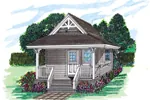 Small cottage house has gabled front with Victorian style wood details 