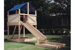 Wood play structure has canvas top for a shaded area and a great slide