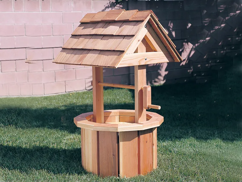 Small wood wishing well is a great size for a smaller or narrow lot