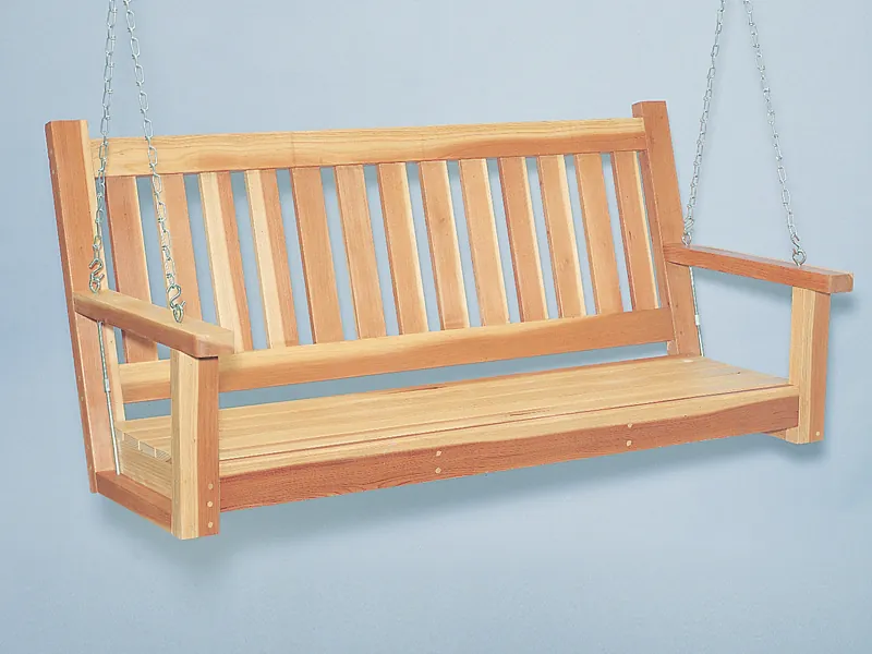 This wood porch swing is designed to look great with many home styles