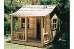 Rustic children's playhouse with side windows and covered front porch