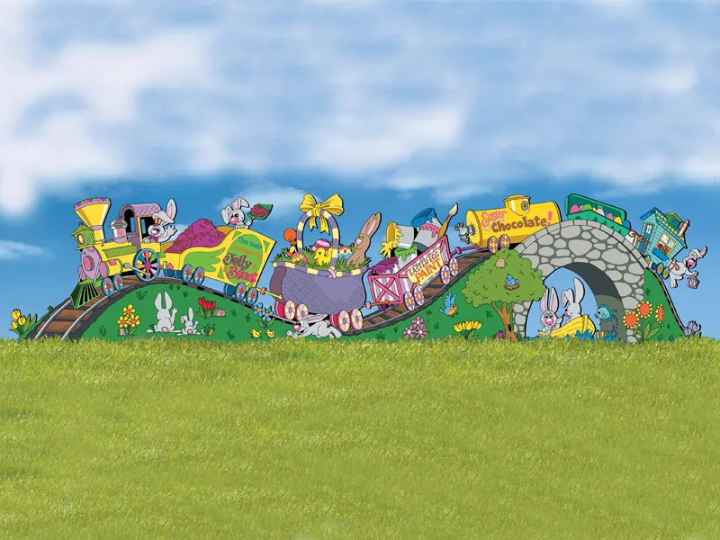 Bunny train is a fun and colorful yard art pattern of an Easter bunny train