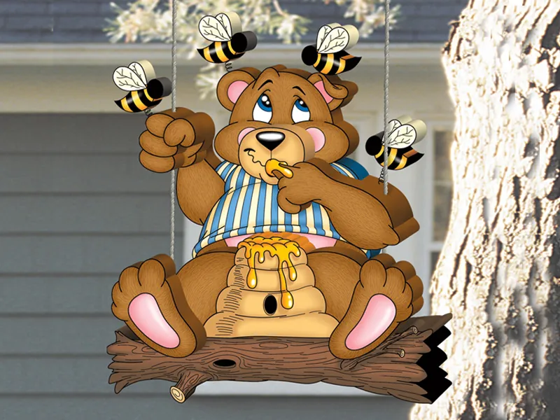 Fun and cute honey bear swinger is a yard art pattern designed to hang from a substantial tree 